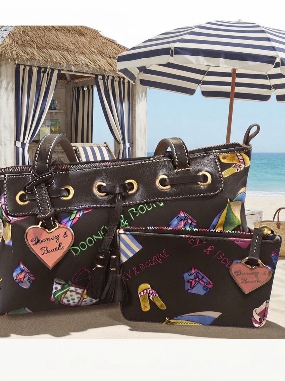 Vintage Y2K Dooney & Bourke Miami Beach Black & Multi Uncoated Bag & Wallet